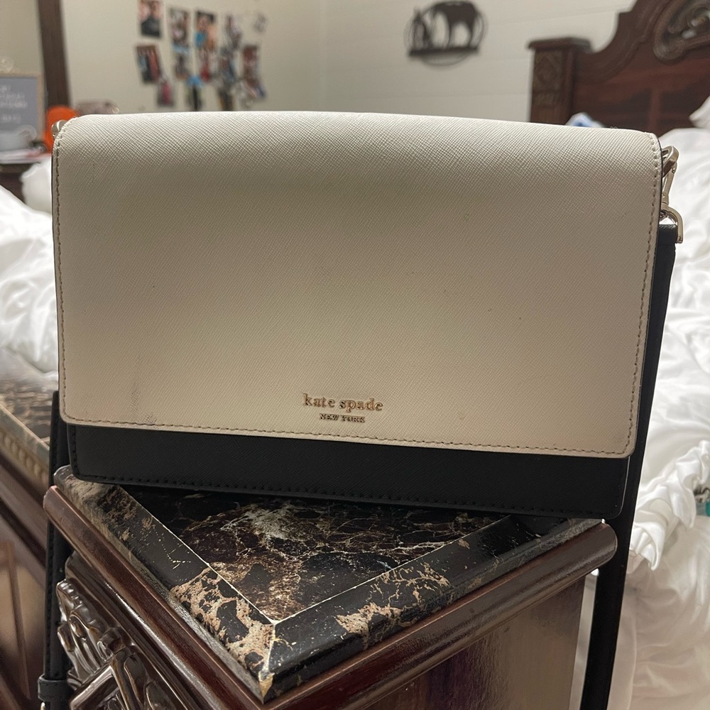 ~ SOLD. tan, white, and black kate spade crossbody